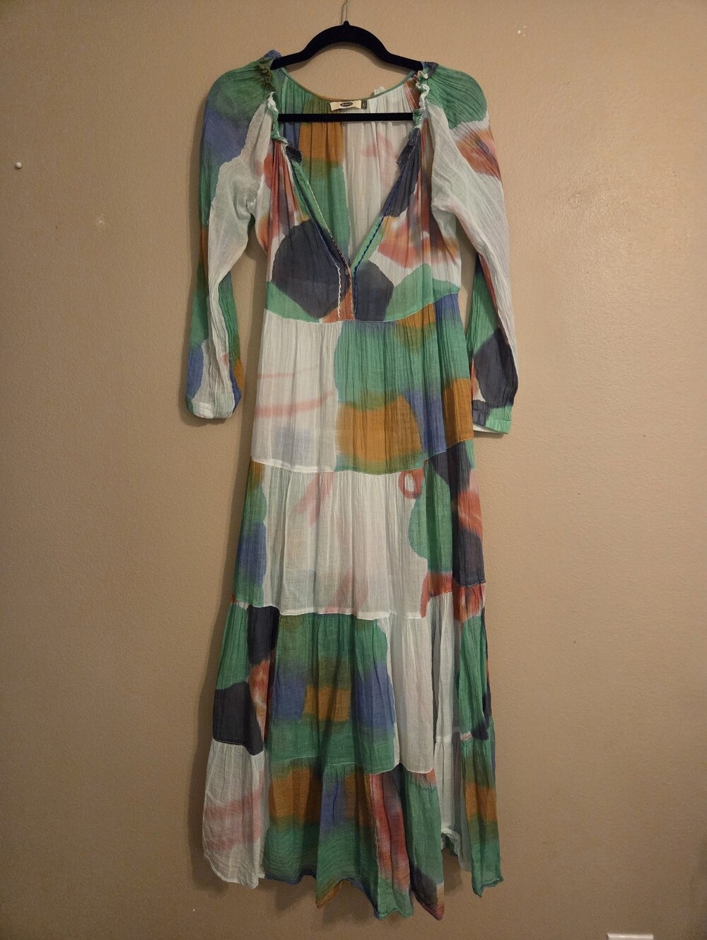 DOLMA Cezanne Watercolor Gauzy Cotton Tiered Vneck Semi-Sheer Maxi Dress Size L